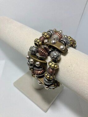 Treska Vintage Multi Strand Mixed Metal Beaded Stretch Bracelet Boho Eclectic